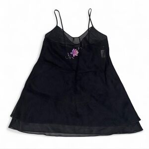 Vintage Y2K California Dynasty Black Slip Dress,Sheer Mesh Rose Embroidery 2000s